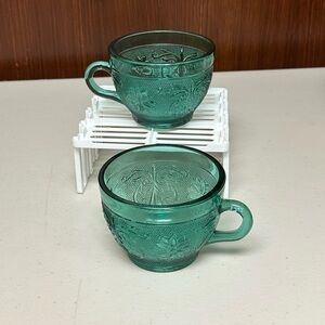 Tiara Glass Sandwich pattern Spruce Green Teacups